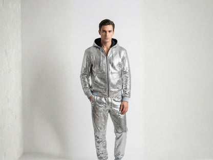 Handmade Metallic Silver Python Snakeskin Tracksuit | Exotic Leather Bomber & Jogger Set