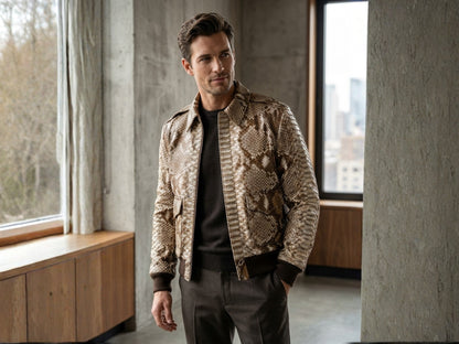 Taupe Beige Python Snakeskin Bomber Jacket