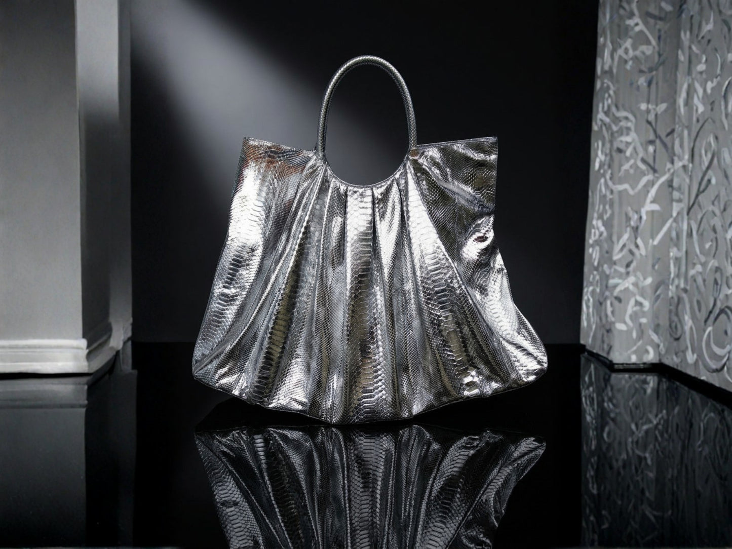 Metallic Snakeskin Tote Bag – Large Silver Shoulder Purse