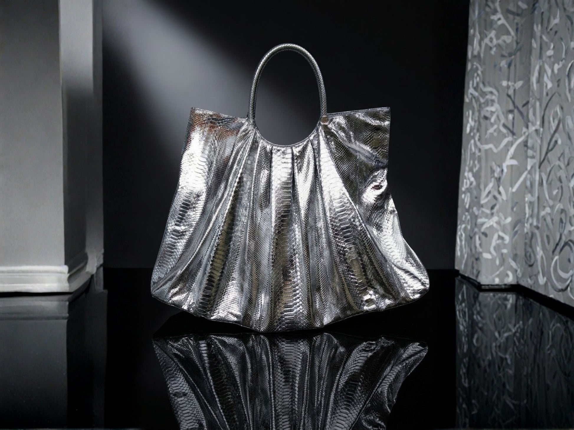 Metallic Snakeskin Tote Bag – Large Silver Shoulder Purse