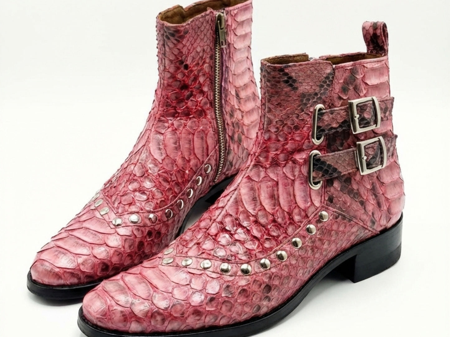 Genuine Python Snakeskin Boots | Unisex Exotic Leather Ankle Boots with Buckle & Stud Design