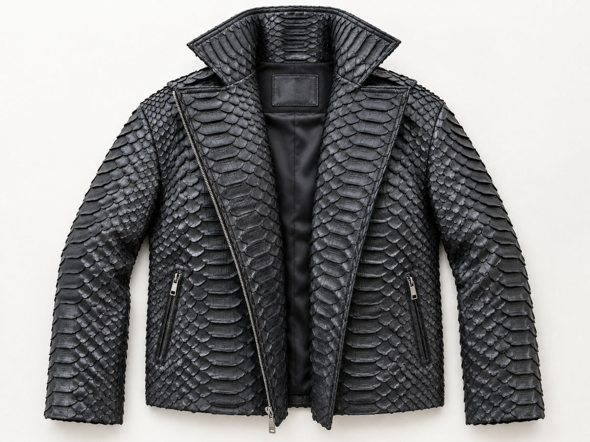 Genuine Python Snakeskin Motorcycle Jacket | Black King Scales
