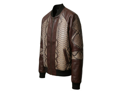 Dark Brown Python Snakeskin Bomber Jacket
