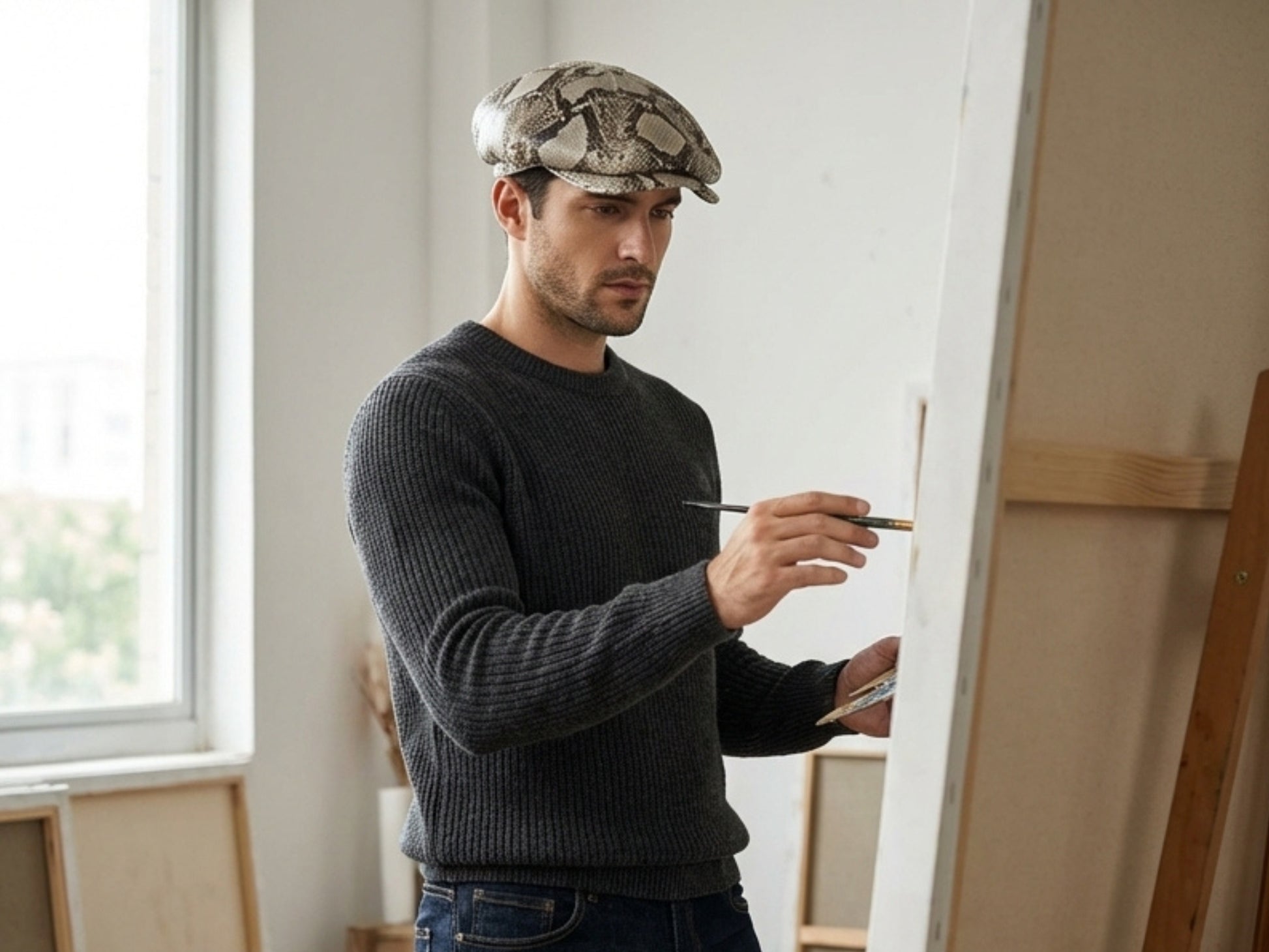 Gray Snakeskin Leather Newsboy Caps