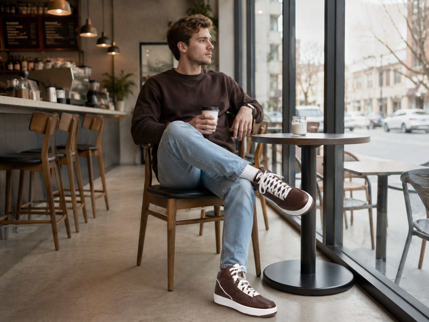Brown Ostrich Skin Leather High-Top Sneakers