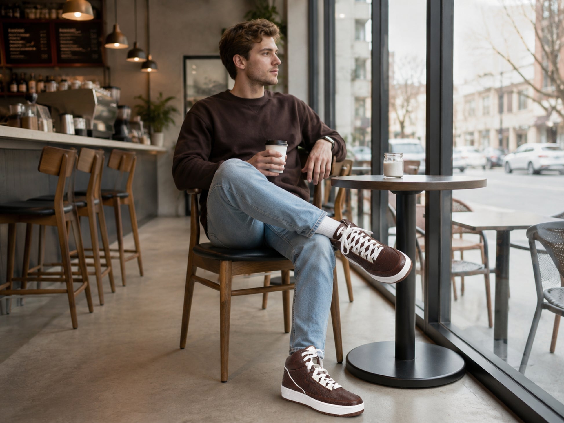 Brown Ostrich Skin Leather High-Top Sneakers
