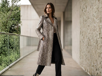 Gray Python Snakeskin Women Trench Coat