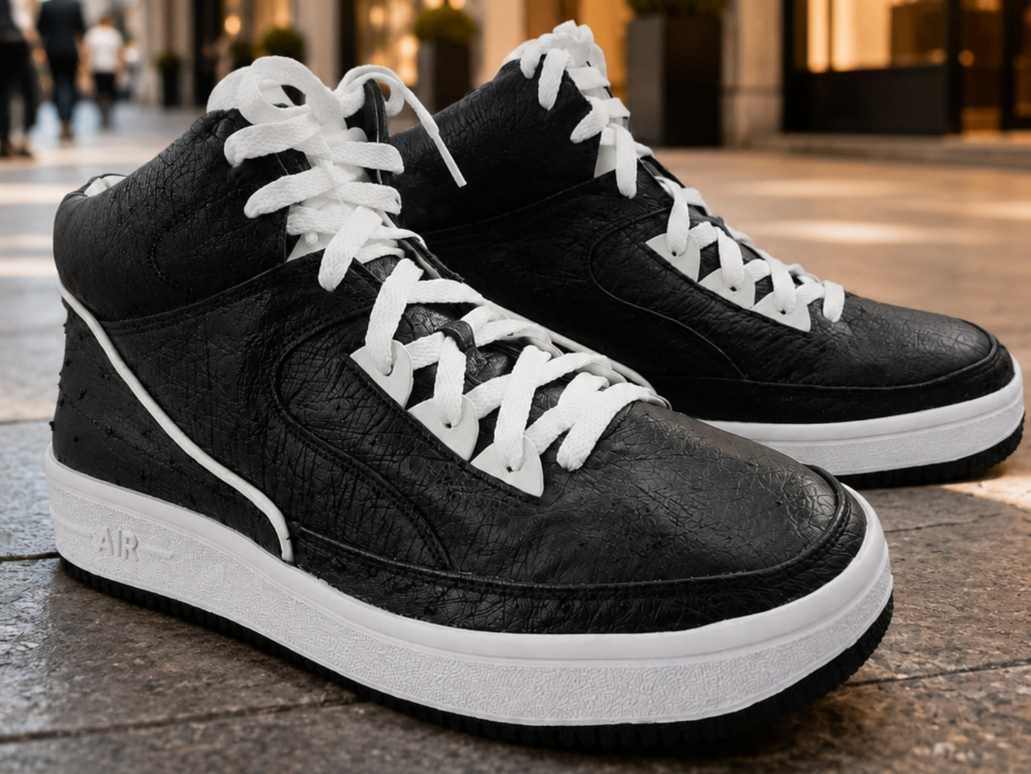 Black Ostrich Skin Leather High-Top Sneakers