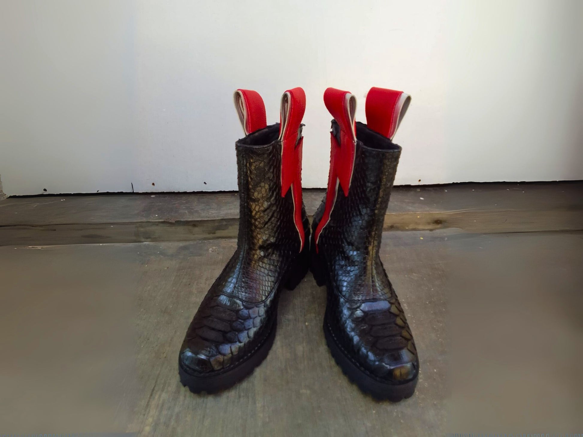 Genuine Python Snakeskin Boots with Red Lightning Bolt