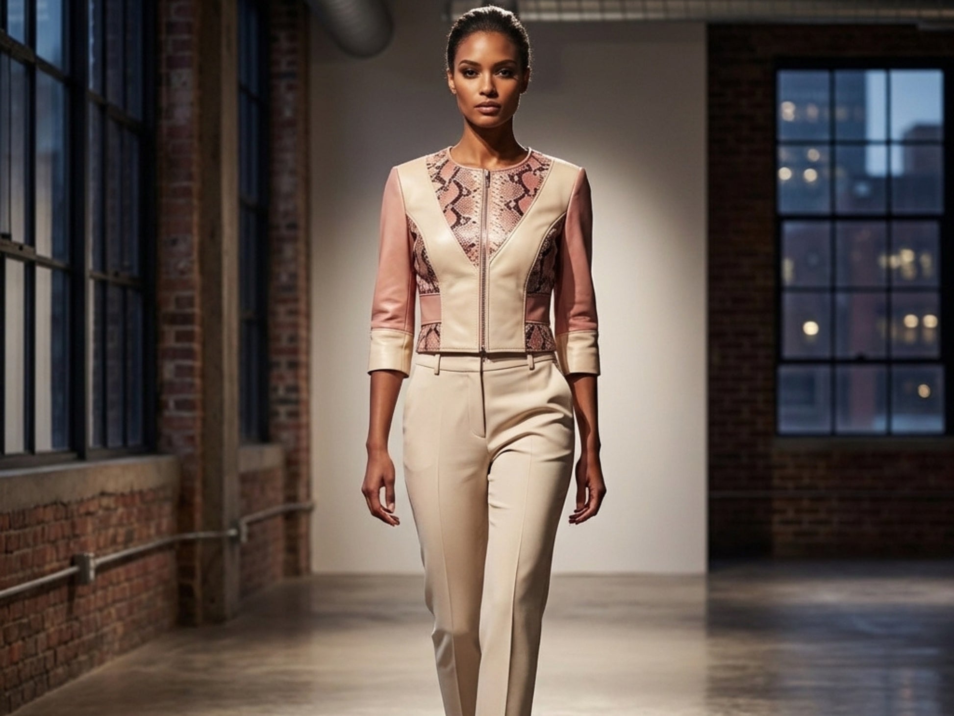 Blush Snakeskin Panel Cropped Leather Jacket
