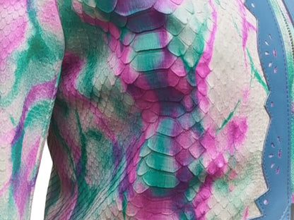 Tie Dye Python Snakeskin Leather Jacket: Genuine Exotic Leather Cropped Blazer with Blue Trim