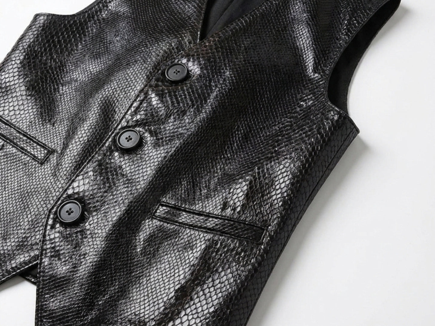 Genuine Python Snakeskin Leather Vest: Black Waistcoat