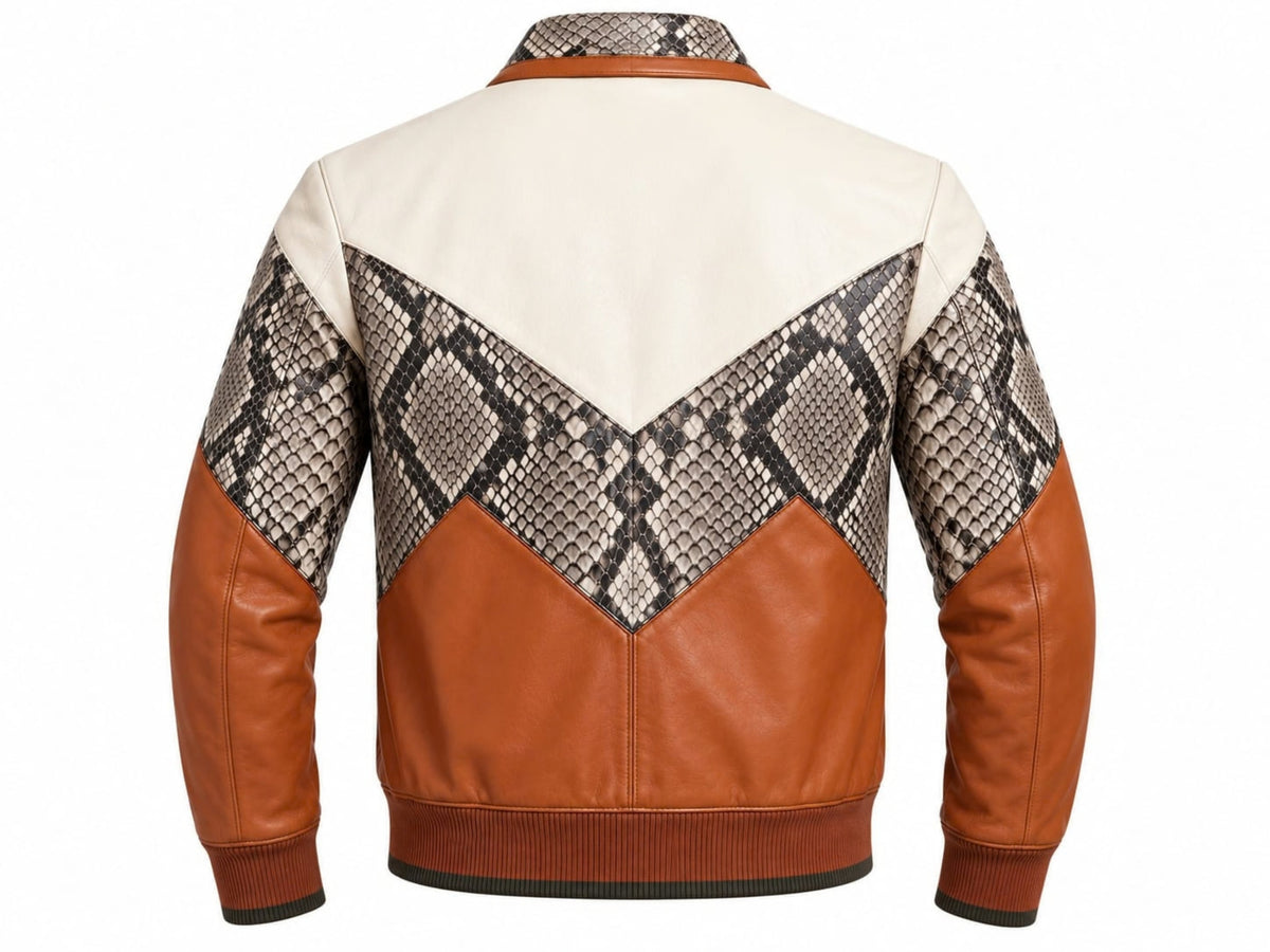 Men's Bomber Jacket | Genuine Python Snakeskin | Lambskin Leather | Cream Brown