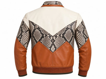 Men's Bomber Jacket | Genuine Python Snakeskin | Lambskin Leather | Cream Brown