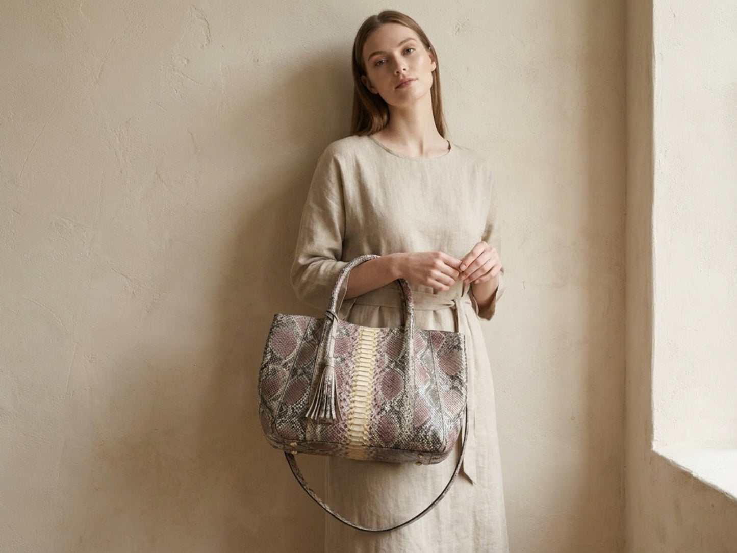Antique Pink Python Snakeskin Tote Leather Bag