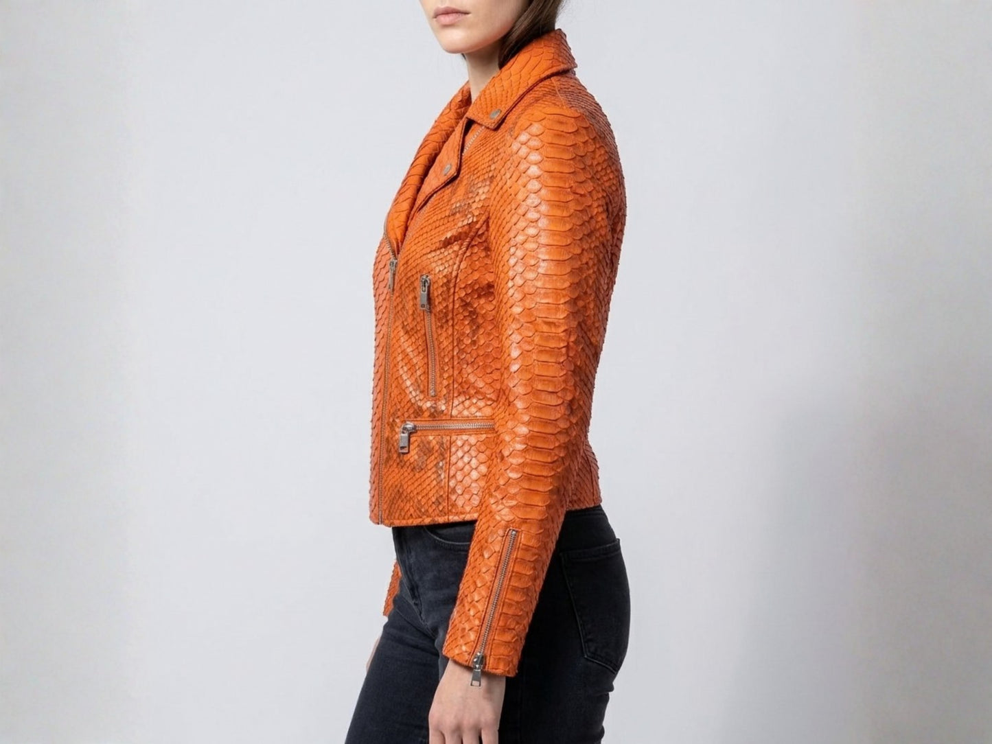 Genuine Python Snakeskin Leather Biker Jacket in burnt orange color, showcasing stylish side view.