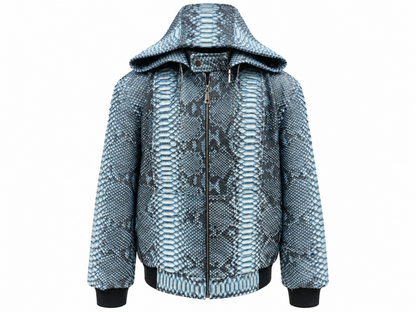 A hooded zip-up jacket featuring a blue and gray python snakeskin pattern, with black ribbed cuffs and hem, shown against a plain white background.