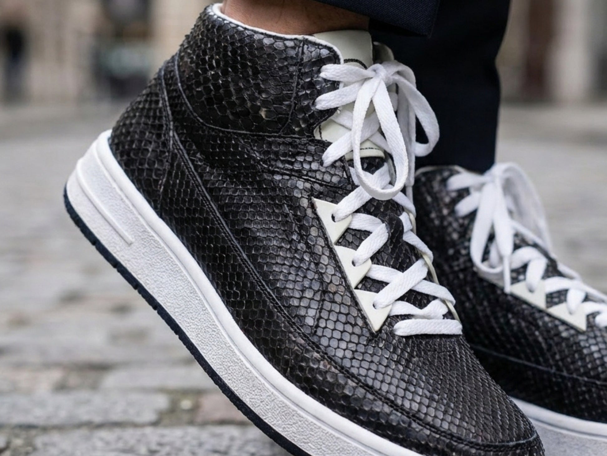 Black Python Snakeskin Leather High-Top Sneakers