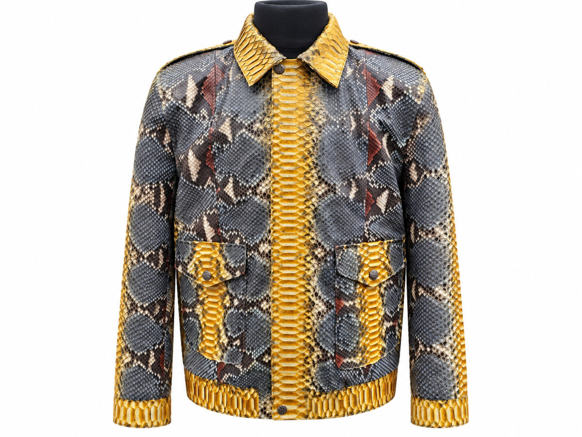 Men's python snakeskin leather jacket displayed on a black mannequin, featuring a mustard gold collar and trim, charcoal geometric body pattern, shoulder epaulettes, and buttoned flap pockets.