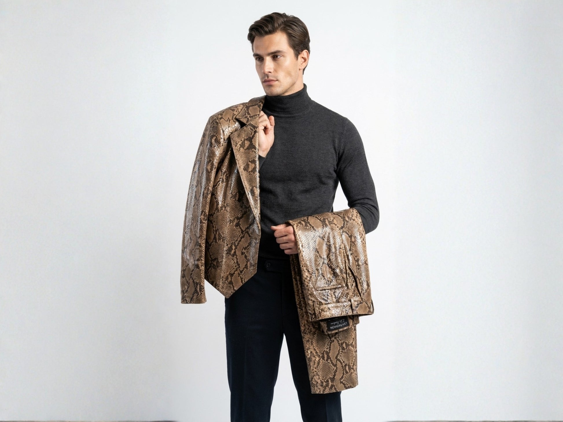 Genuine Python Snakeskin Suit Set | Brown Leather Blazer & Pants