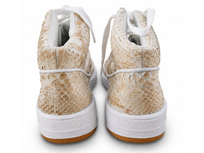 Beige Python Snakeskin Leather High-Top Sneakers