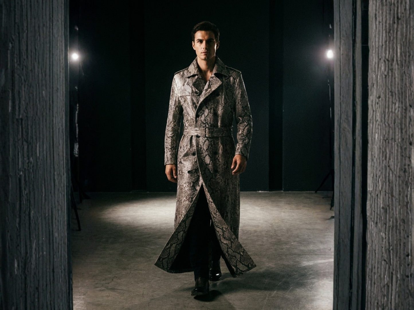 Natural Gray Python Snakeskin Long Trench Coat