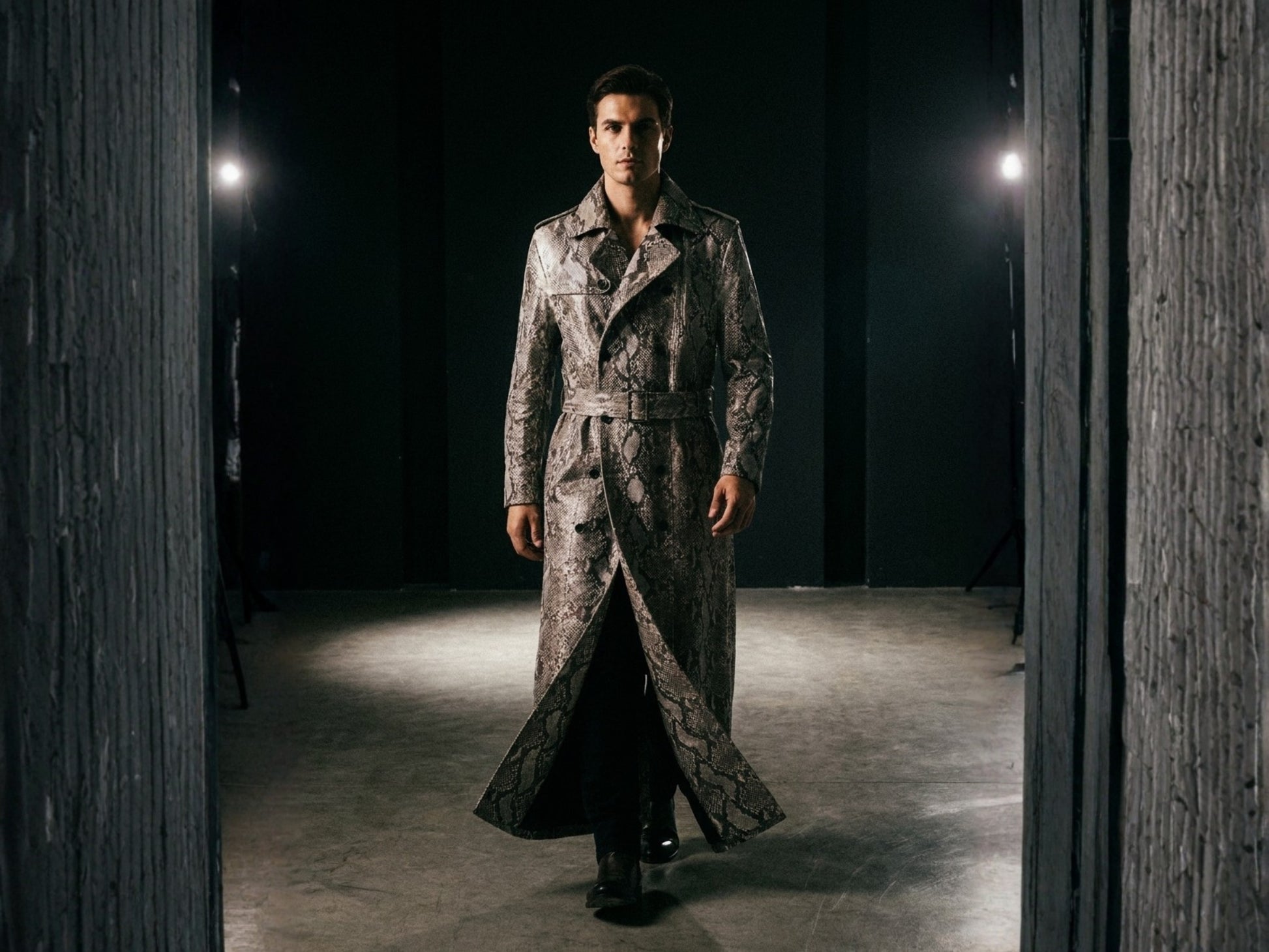Natural Gray Python Snakeskin Long Trench Coat