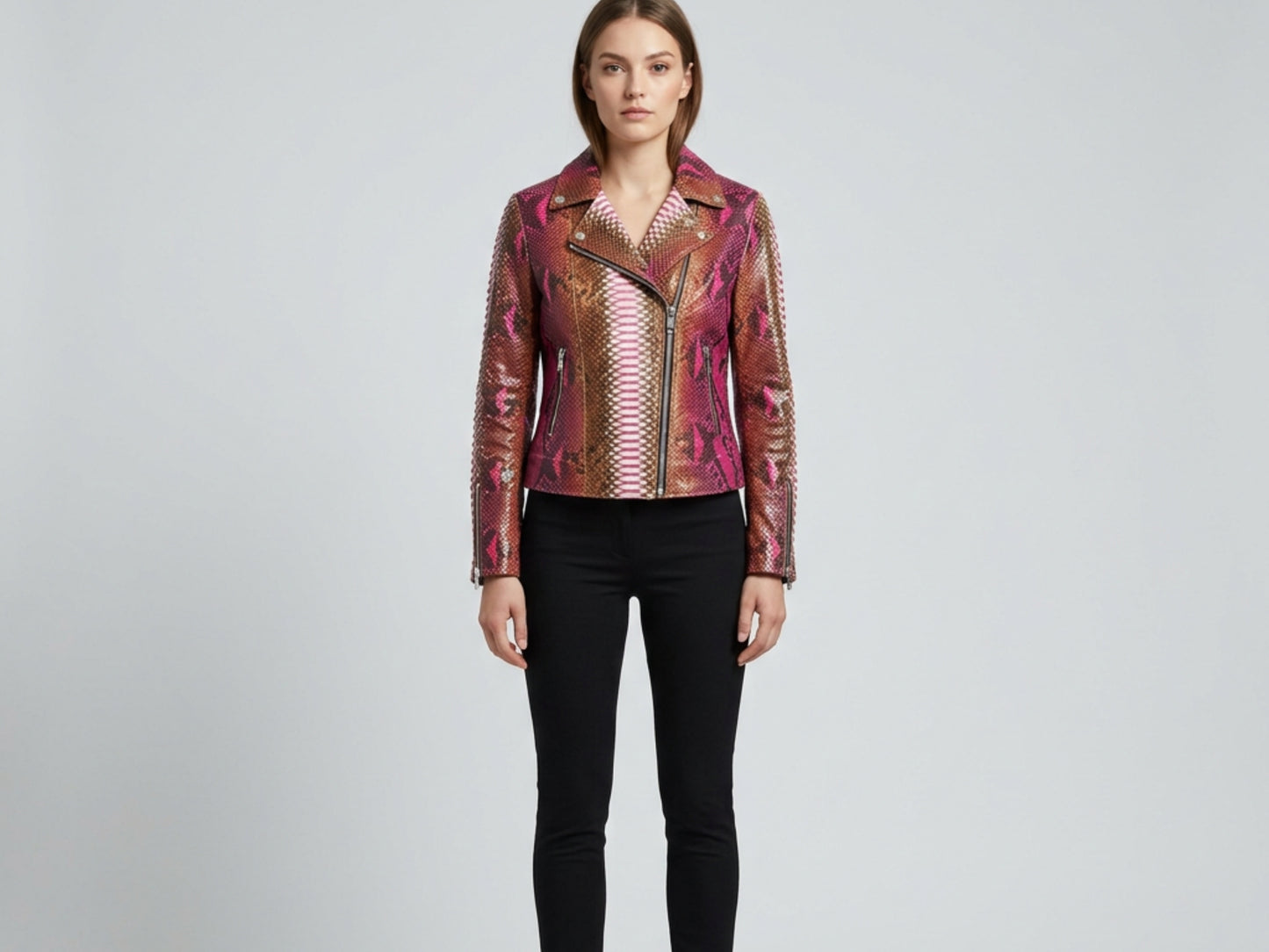 Genuine Python Snakeskin Leather Biker Jacket for Women: Pink Brown Exotic Motorcycle Jacket