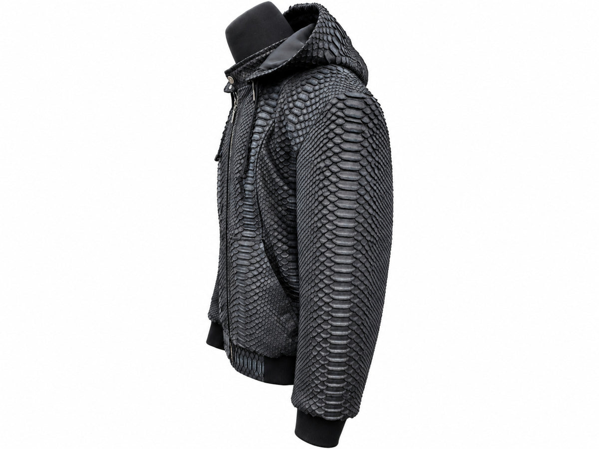 A black hooded jacket with a textured, scale-like pattern, displayed on a black mannequin torso against a plain white background.