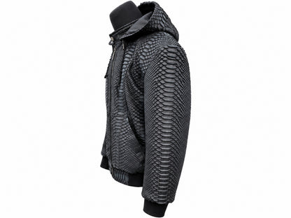 A black hooded jacket with a textured, scale-like pattern, displayed on a black mannequin torso against a plain white background.