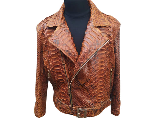 Brown Motorcycle Leather Jacket | King Snakeskin Python Leather Scales