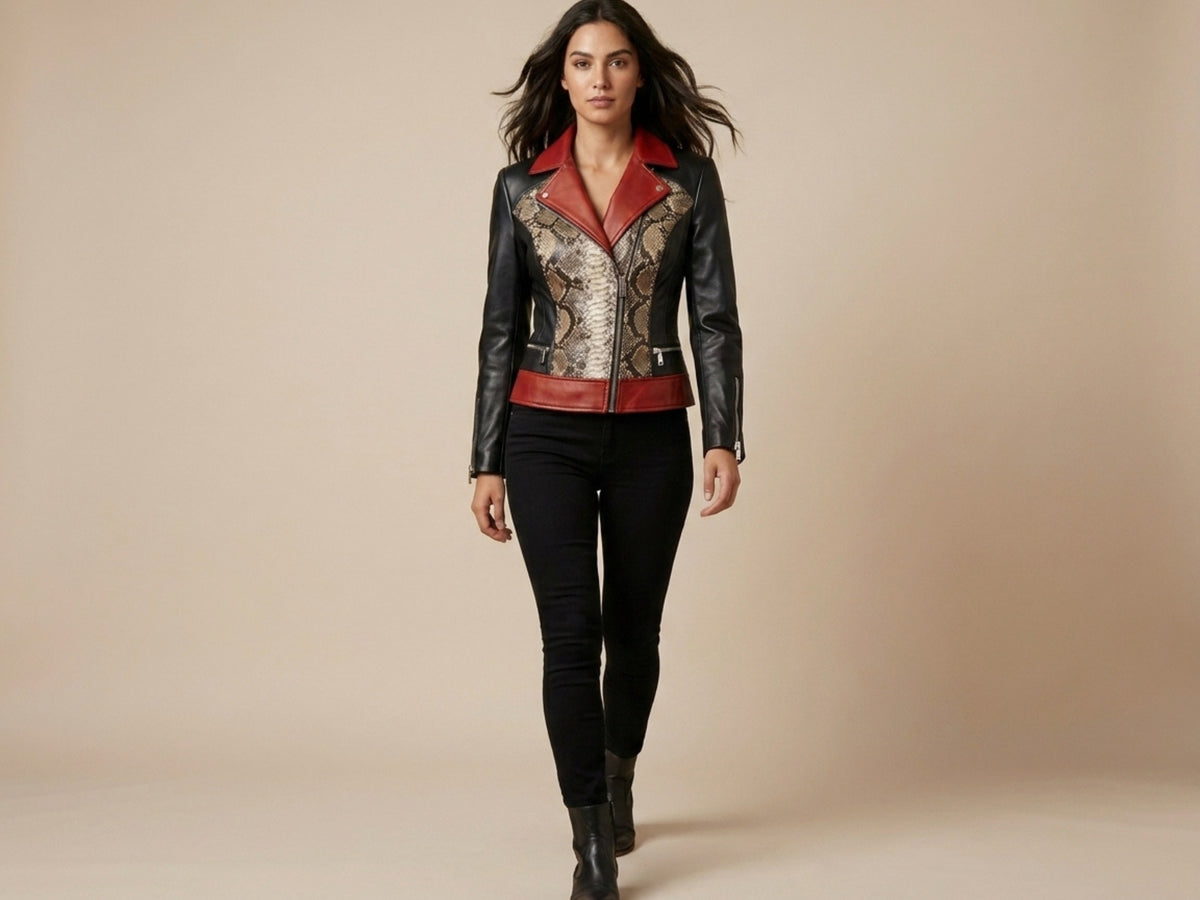 Genuine Python Snakeskin Lambskin Biker Leather Jacket: Red Accents