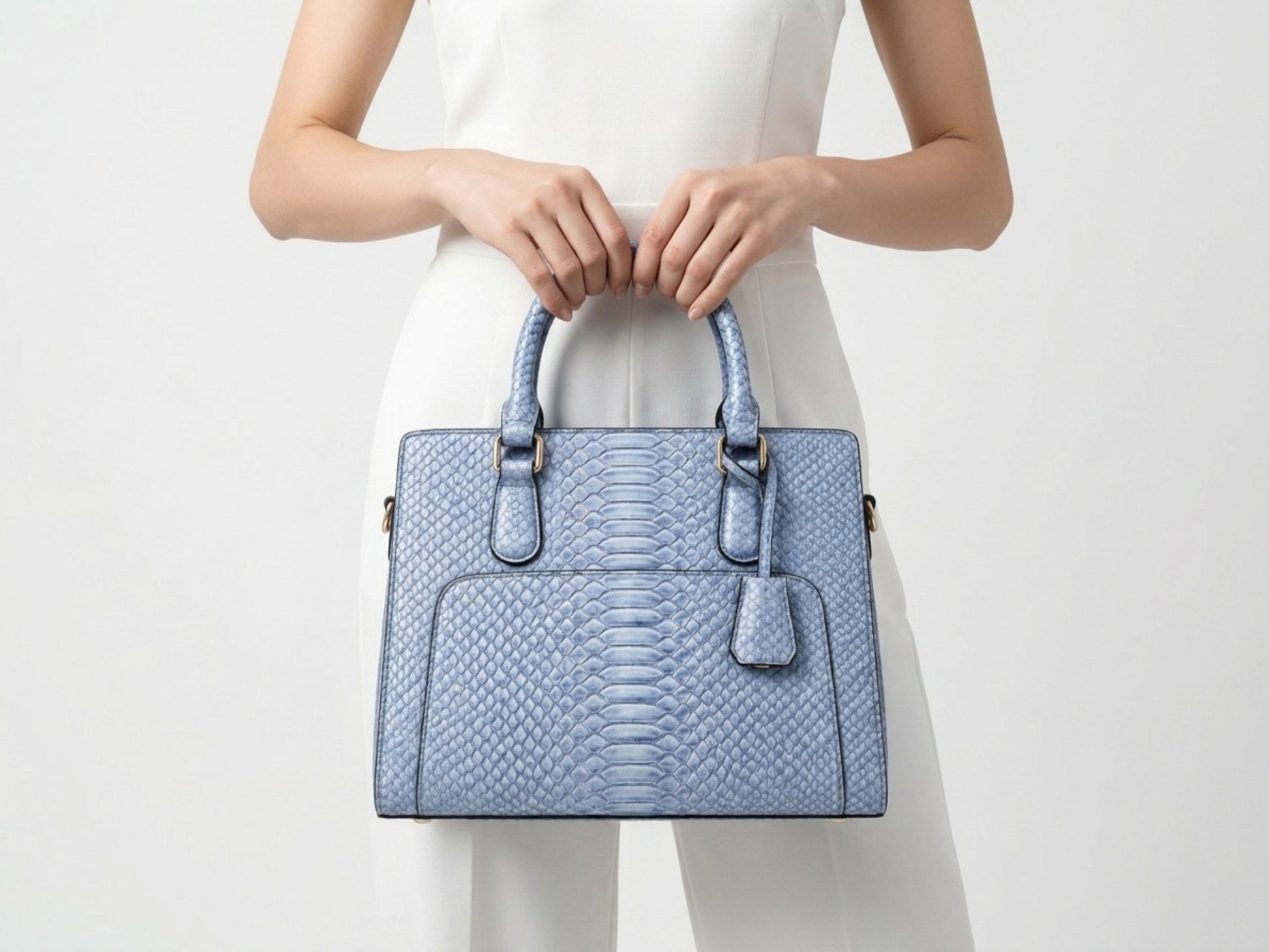 Light Blue Python Snakeskin Leather Satchel Tote