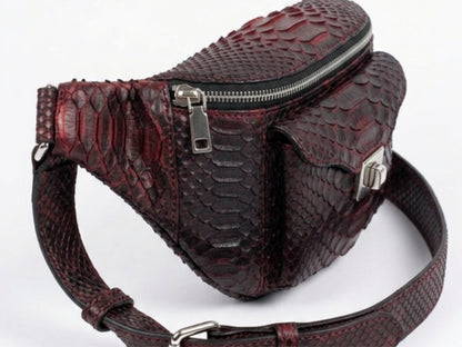 Genuine Python Snakeskin Waist Bag: Black Gradation Red Exotic Leather Fanny Pack
