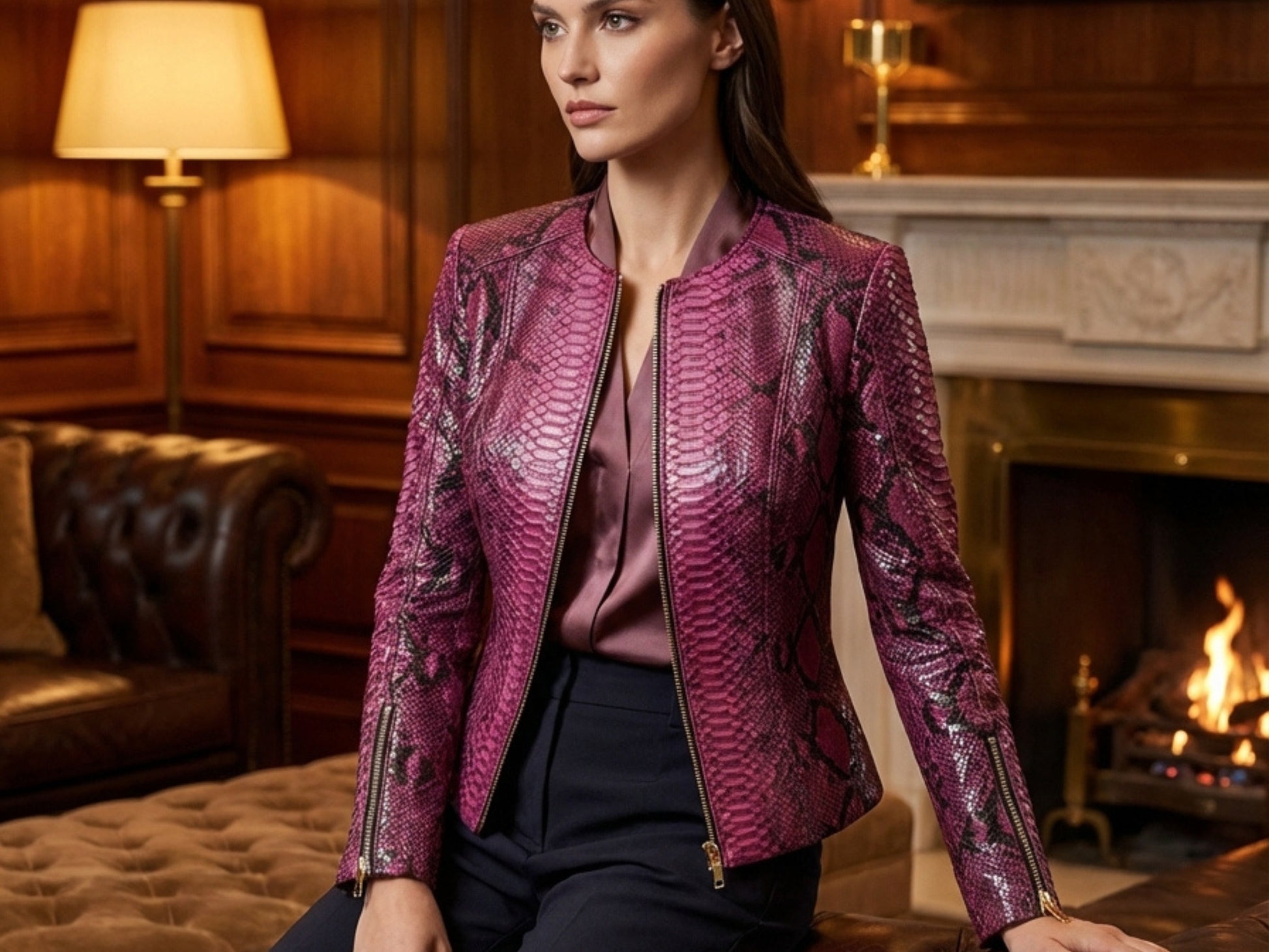 Pink Burgundy Python Snakeskin Leather Jacket