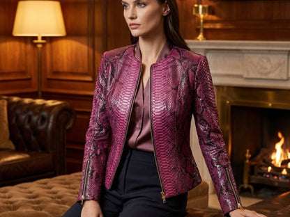 Pink Burgundy Python Snakeskin Leather Jacket