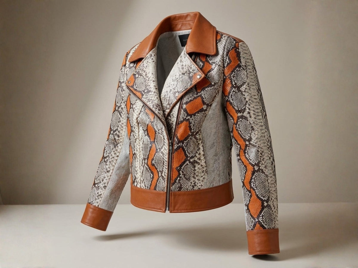Python Snakeskin Biker Leather Jacket: Multi-Color Orange