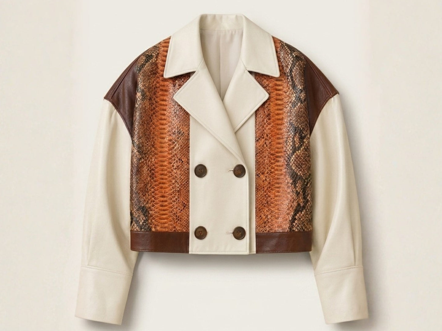 Cream Cognac Genuine Python Snakeskin Lambskin Double Breasted Blazer