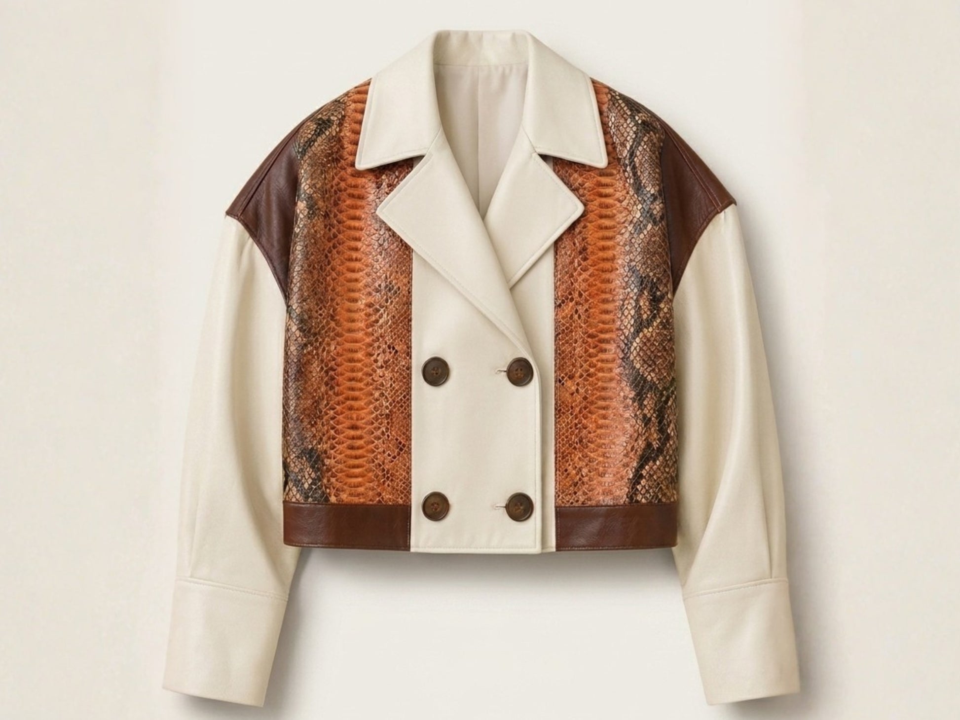 Cream Cognac Genuine Python Snakeskin Lambskin Double Breasted Blazer