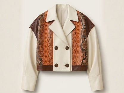Cream Cognac Genuine Python Snakeskin Lambskin Double Breasted Blazer