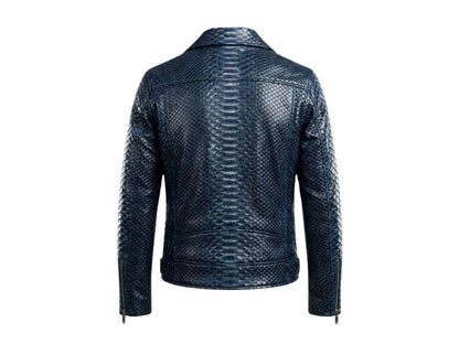 Genuine Python Snakeskin Biker Jacket: Blue Exotic Leather Motorcycle Jacket