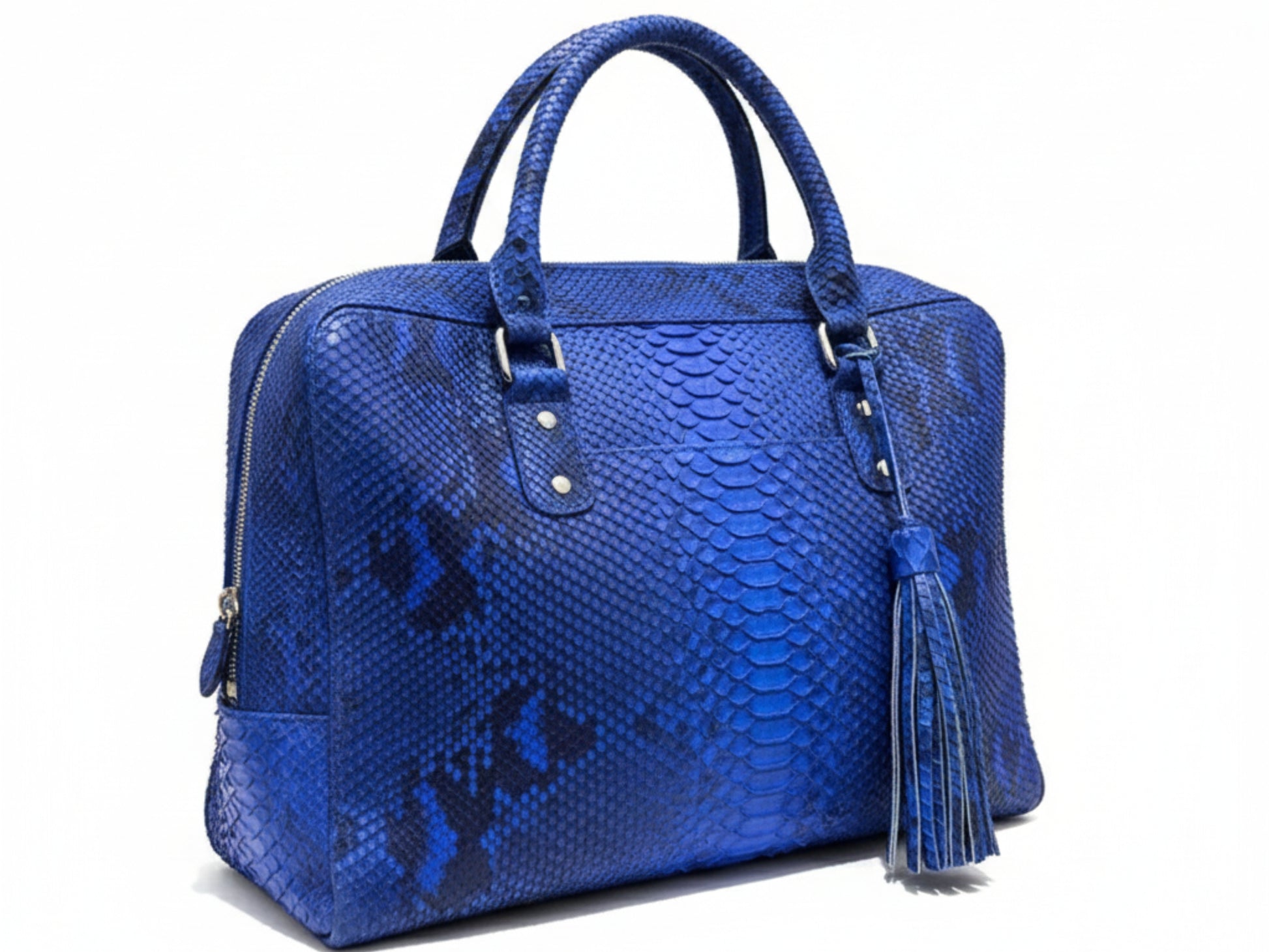 Blue textured handbag with a tassel on a white background