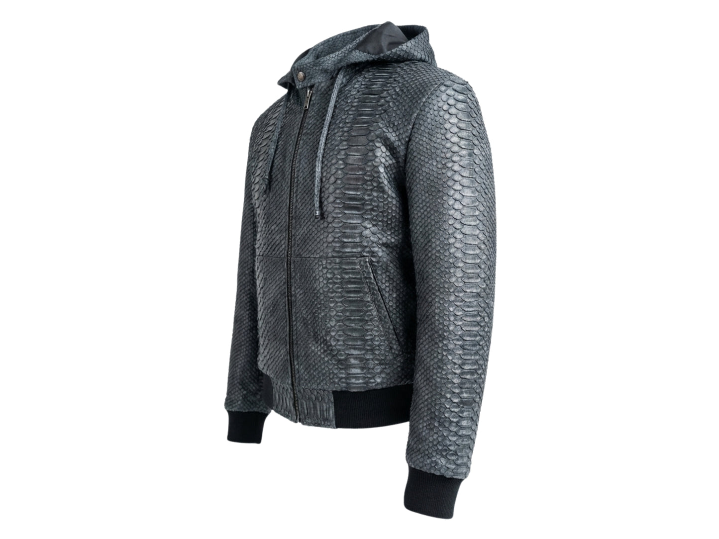 Genuine Python Snakeskin Hoodie Bomber Jacket | Black Nubuck Matte Leather