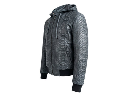 Genuine Python Snakeskin Hoodie Bomber Jacket | Black Nubuck Matte Leather