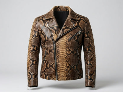 Genuine Python Snakeskin Leather Biker Jacket: Natural Brown Exotic Motorcycle Jacket