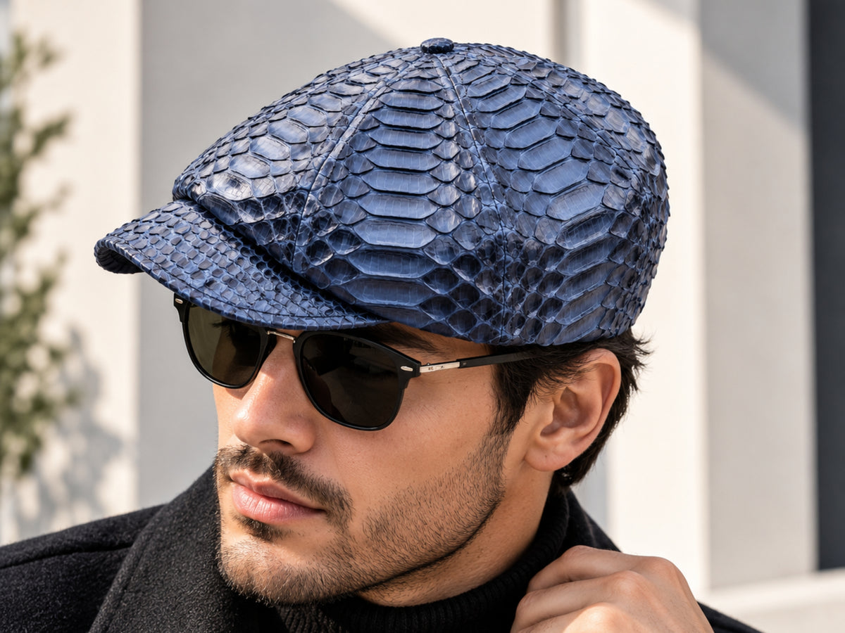A man wearing a textured navy blue python newsboy cap and dark sunglasses, photographed outdoors against a light-colored building wall.