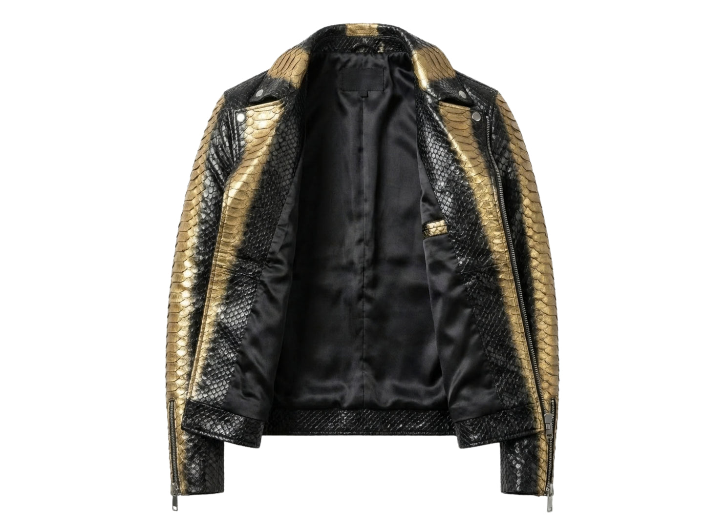 Genuine Python Snakeskin Biker Jacket: Black Gold Exotic Leather Motorcycle Jacket