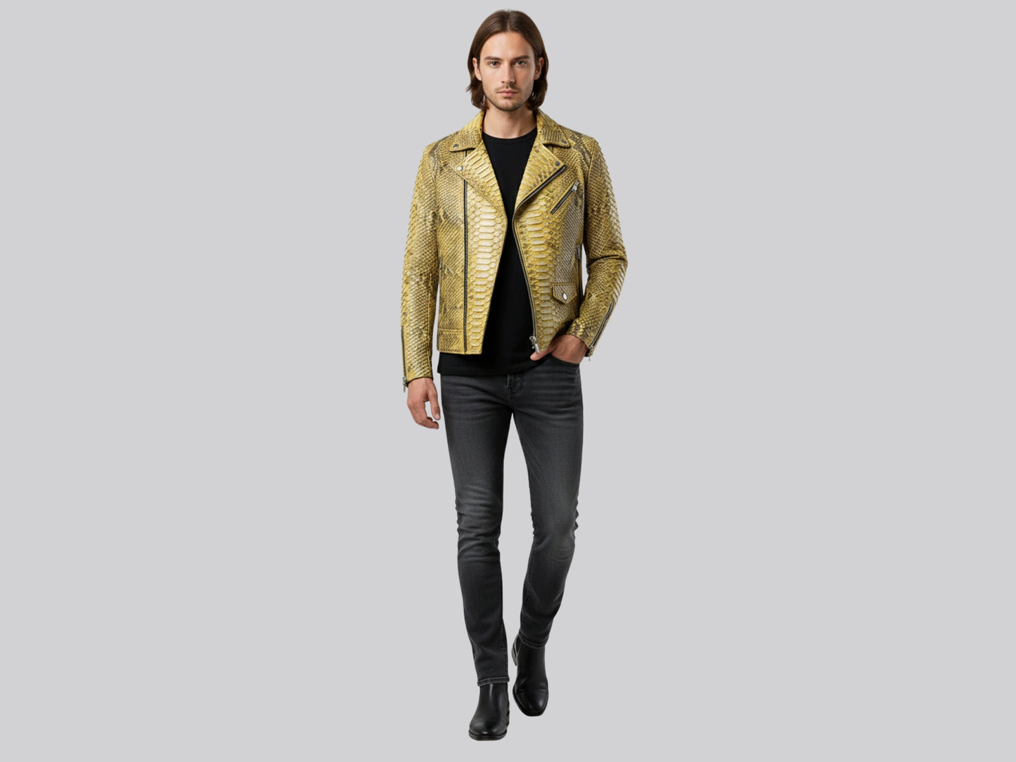 Genuine Python Snakeskin Biker Jacket: Gold Exotic Leather Motorcycle Jacket