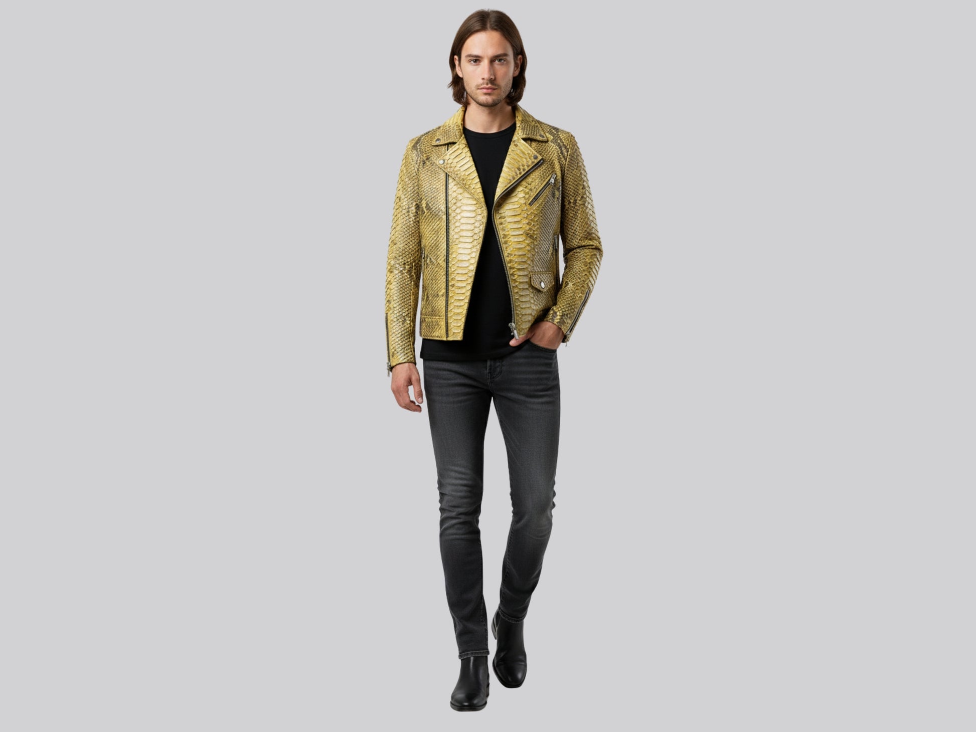 Genuine Python Snakeskin Biker Jacket: Gold Exotic Leather Motorcycle Jacket
