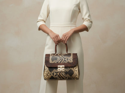Luxury Brown Python Snakeskin Leather Handbag: Genuine Exotic Leather Women Bag